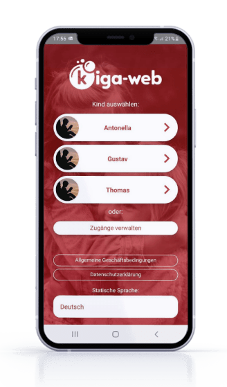 Handy Screen mit Zugängen zu den Profilen von drei Kindern. In der Kitaweb Eltern App haben Eltern eine zentralisierte Informationsplattform für Ihre Kinder.