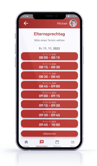 Ein Einblick in die Kitaweb Eltern App mit Terminvorschlägen für einen Elternsprechtag. Planen Sie Elterngespräche hocheffektiv auf die Minute genau.