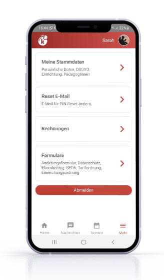Ein Einblick in die Kitaweb Eltern App. Verteilen Sie die Rechnungen, die Hausordnung, Dokumente, AGB und vieles mehr an definierte Eltern.