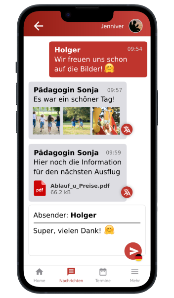 Die KitaWeb-App bietet vielfältige Kommunikationsmethoden mit Eltern und Erziehungsberechtigten. Termine Nachrichten, Speiseplan, Kalender sowie Galerien sind einfach und übersichtlich in 102 Sprachen verfügbar.